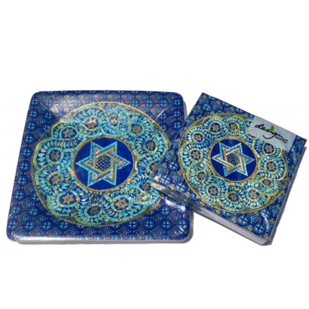 Blue Star of David Mosaic Holiday Tableware Set (Napkins+Plates)